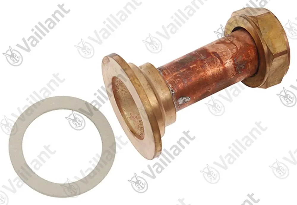 Kupferrohr mit Fittings und Gummi-Dichtung, hergestellt von Vaillant. Das Rohr hat einen gewindelosen Anschluss und eine breitere Basis zur Befestigung.